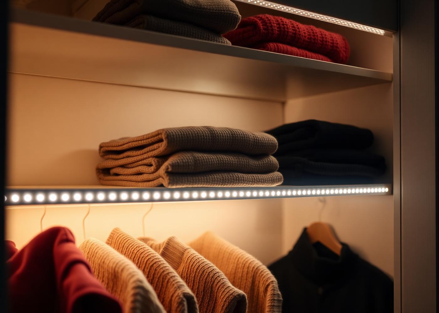Detal — listwa LED podświetlająca półki z ubraniami
